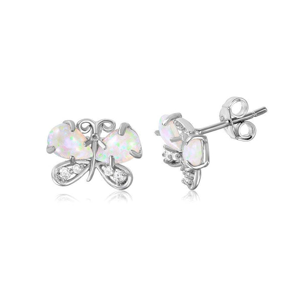 Silver 925 Rhodium Plated Butterfly CZ And Synthetic Opal Stud Earrings