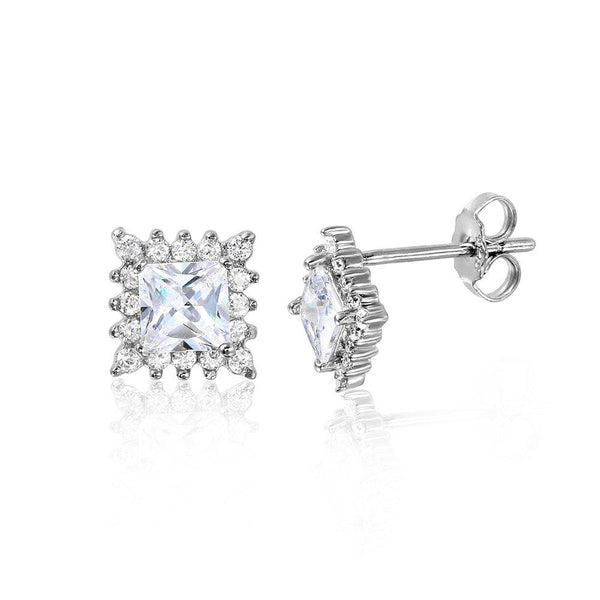 Silver 925 Rhodium Plated Square Halo Earrings