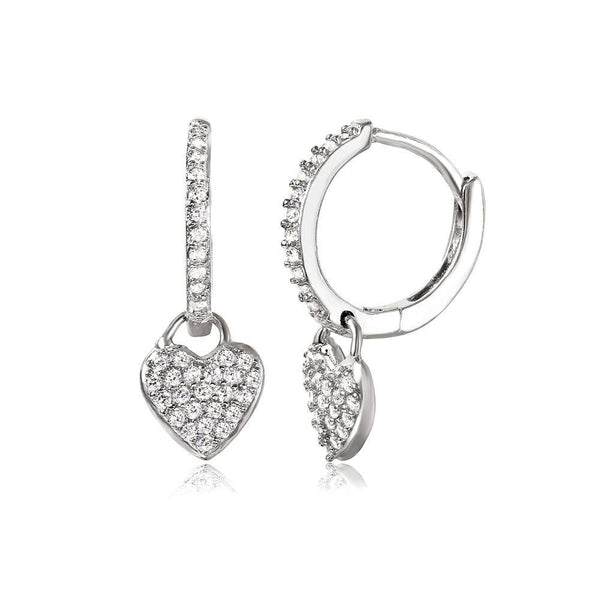 Silver 925 Rhodium Plated Hoop with Hanging Heart Earrings