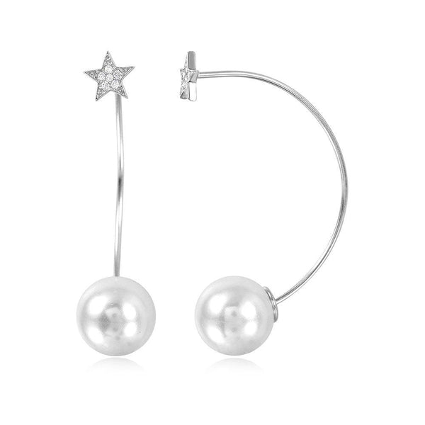 Silver 925 Rhodium Plated Star Earrings with Hanging Synthetic Pearl