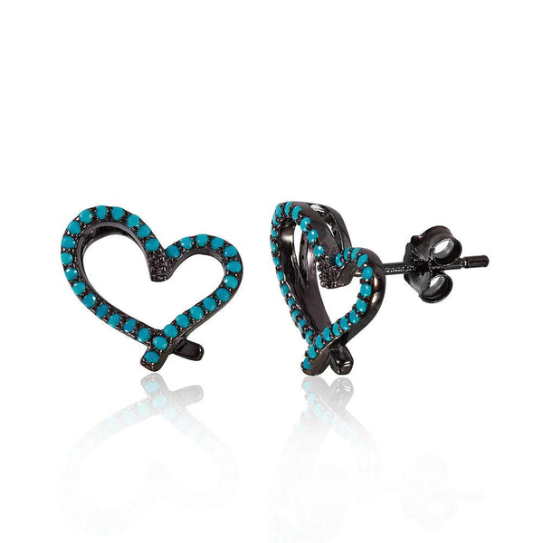 Silver 925 Black Rhodium Plated Open Heart Stud Earrings With Synthetic Turquoise Stone