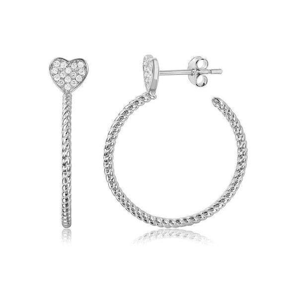 Silver 925 Rhodium Plated Rope Designed Semi Hoop Earrings on a CZ Heart