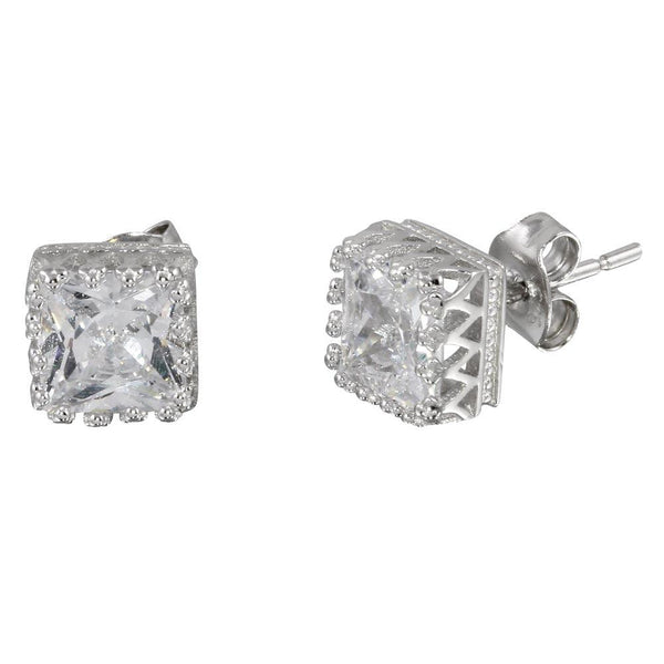 Rhodium Plated 925 Sterling Silver Square Solitaire CZ Earrings