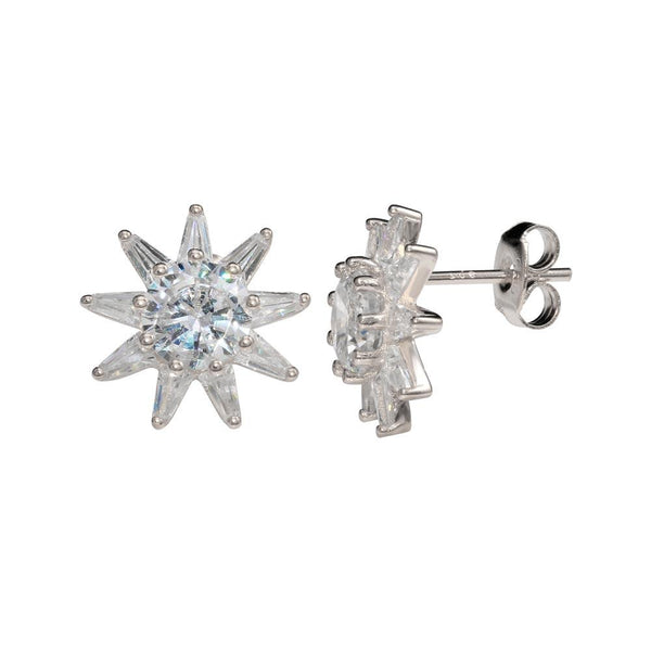 Rhodium Plated 925 Sterling Silver CZ Sun Stud Earrings