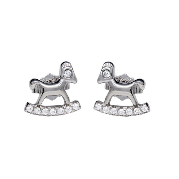 Rhodium Plated 925 Sterling Silver Rocking Horse Stud Earrings with CZ