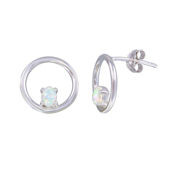 Rhodium Plated 925 Sterling Silver Open Circle Synthetic Opal Earrings