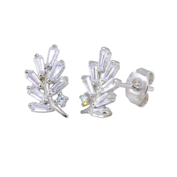 Rhodium Plated 925 Sterling Silver Leaf Baguette CZ Earrings