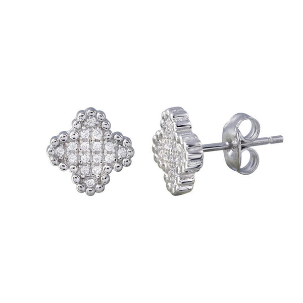 Rhodium Plated 925 Sterling Silver Clover CZ Stud Earrings