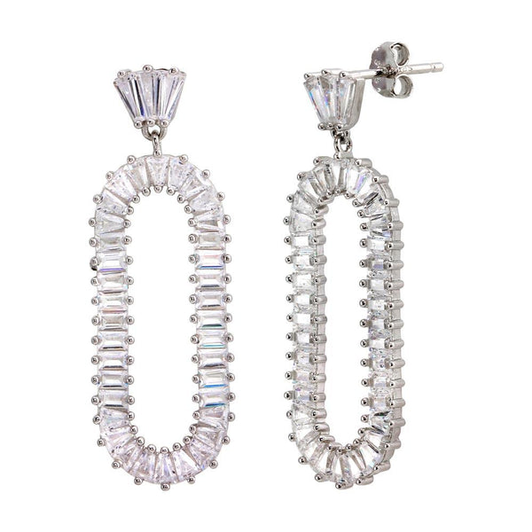 Rhodium Plated 925 Sterling Silver Open Oval Baguette CZ Dangling Earrings
