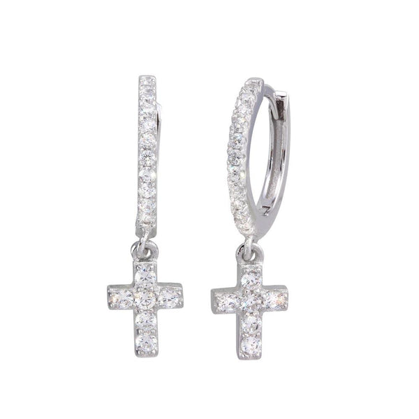 Rhodium Plated 925 Sterling Silver Dangling Cross CZ huggie hoop Earrings