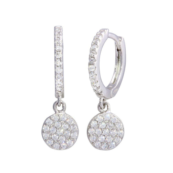 Rhodium Plated 925 Sterling Silver Dangling CZ Disc huggie hoop Earrings