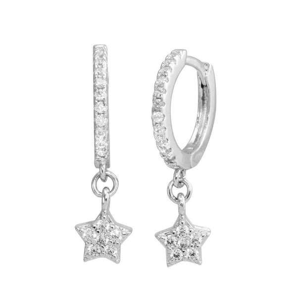 Rhodium Plated 925 Sterling Silver Dangling CZ Star huggie hoop Earrings