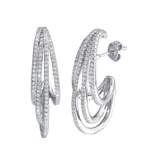 Rhodium Plated 925 Sterling Silver Semi Hoop Dangling Wave Earring