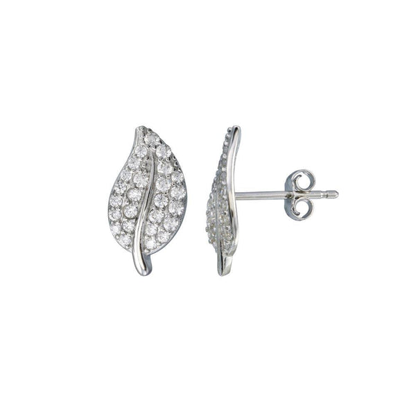 Rhodium Plated 925 Sterling Silver CZ Leaf Stud Earring