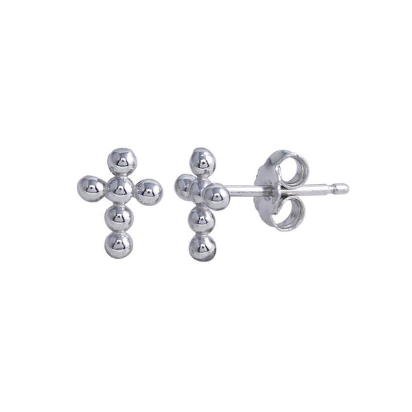 Rhodium Plated 925 Sterling Silver Bead Cross Stud Earring