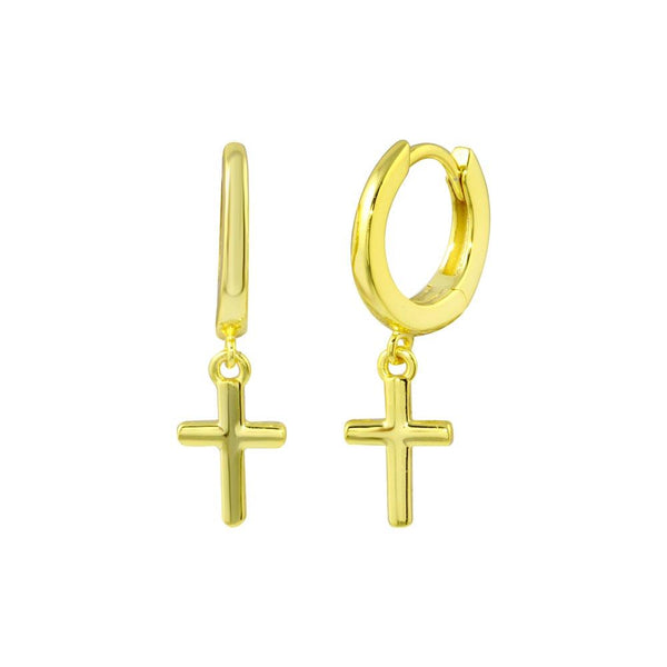 Gold Plated 925 Sterling Silver huggie hoop Cross Earring