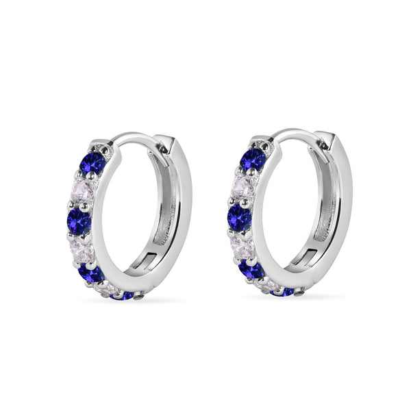 Sterling Silver Rhodium Plated Clear Blue CZ Huggie Earring 12.6mm