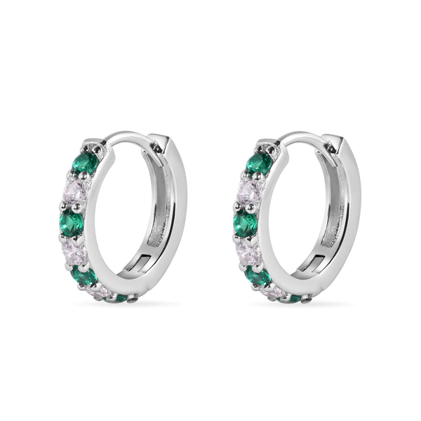 Sterling Silver Rhodium Plated Clear Green CZ Huggie Earring 12.6mm