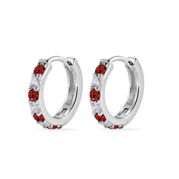 Sterling Silver Rhodium Plated Clear Red CZ Huggie Earring 12.6mm