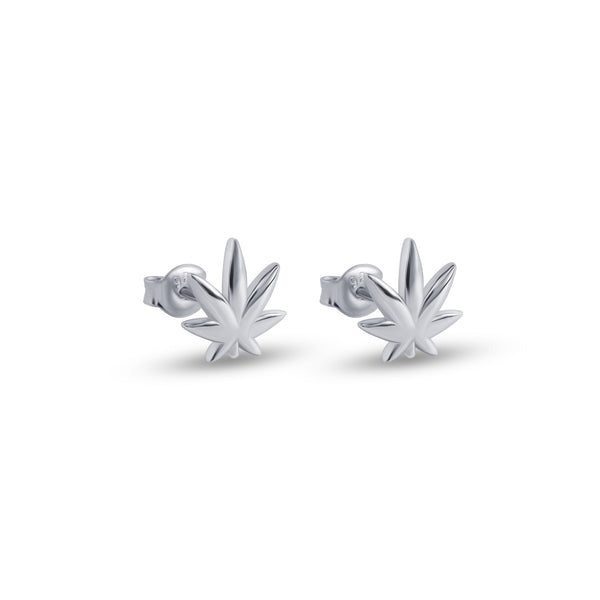Rhodium Plated 925 Sterling Silver Cannabis Stud Earrings