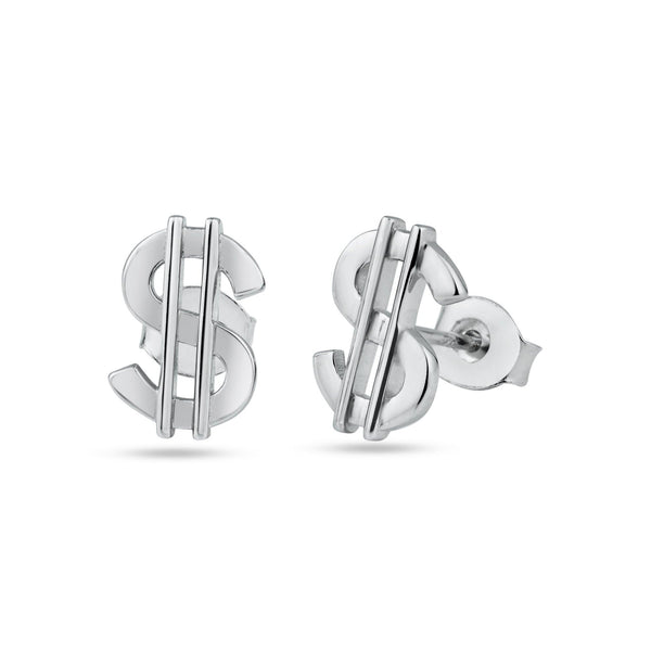 Rhodium Plated 925 Sterling Silver Dollar Stud Earring