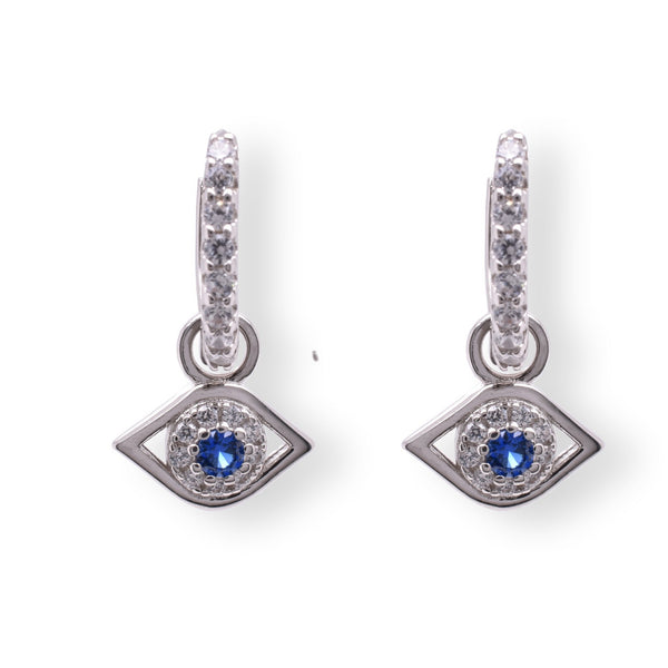 Sterling Silver Rhodium Plated Dangling Evil Eye Blue and Clear CZ Huggie Earring