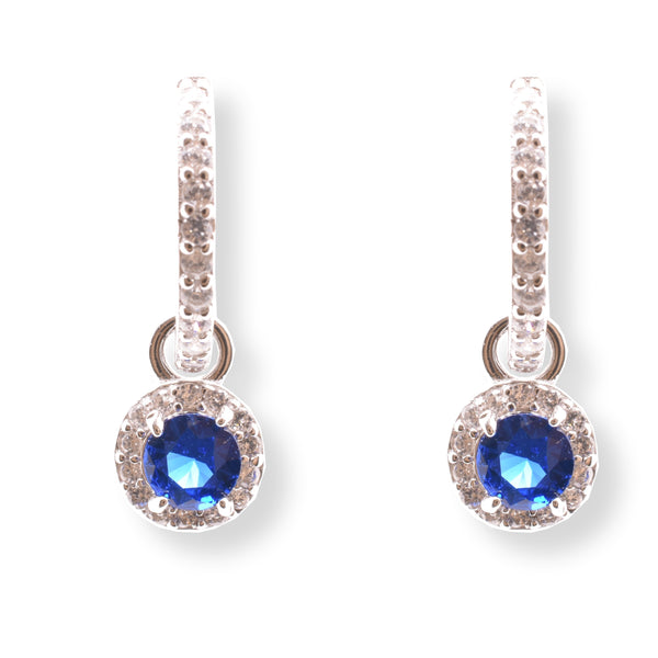 Sterling Silver Rhodium Plated Dangling Micro Pave Blue and Clear CZ Huggie Earring