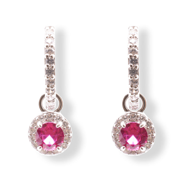 Sterling Silver Rhodium Plated Dangling Micro Pave Red and Clear CZ Huggie Earring