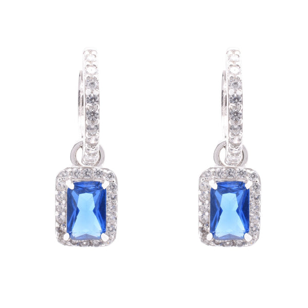 Sterling Silver Rhodium Plated Dangling Micro Pave Emerald Cut Blue and Clear CZ Huggie Earring