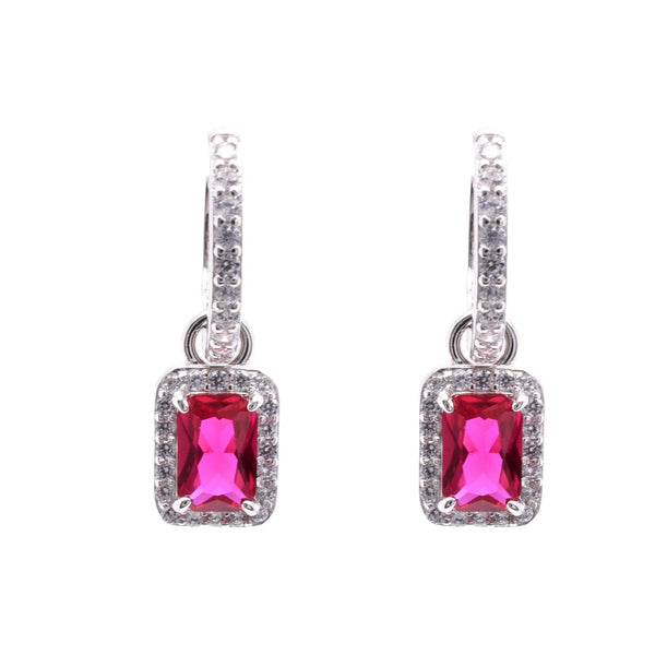 Sterling Silver Rhodium Plated Dangling Micro Pave Emerald Cut Red and Clear CZ Huggie Earring