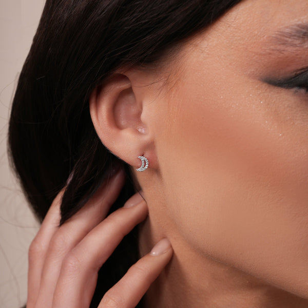 Sterling Silver Rhodium Plated Moon and Star Clear CZ Stud Earring