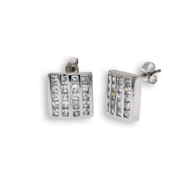 Rhodium Plated 925 Sterling Silver CZ Men's Earrings