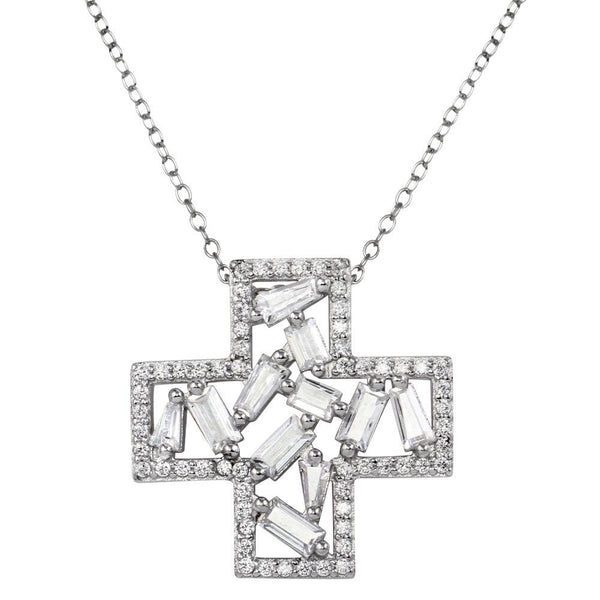 Rhodium Plated 925 Sterling Silver Cross Pendant Necklace with CZ