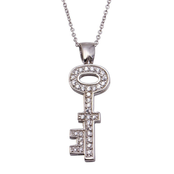 Silver 925 Clear CZ Rhodium Plated Key Pendant Necklace