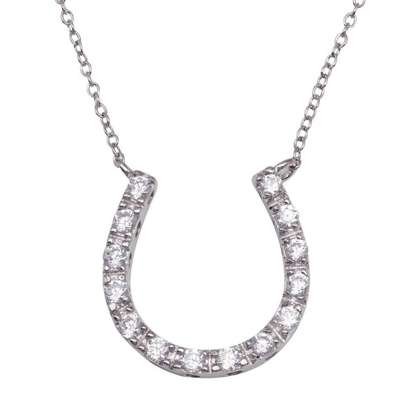 Silver 925 Clear CZ Rhodium Plated Horse Shoe Pendant Necklace