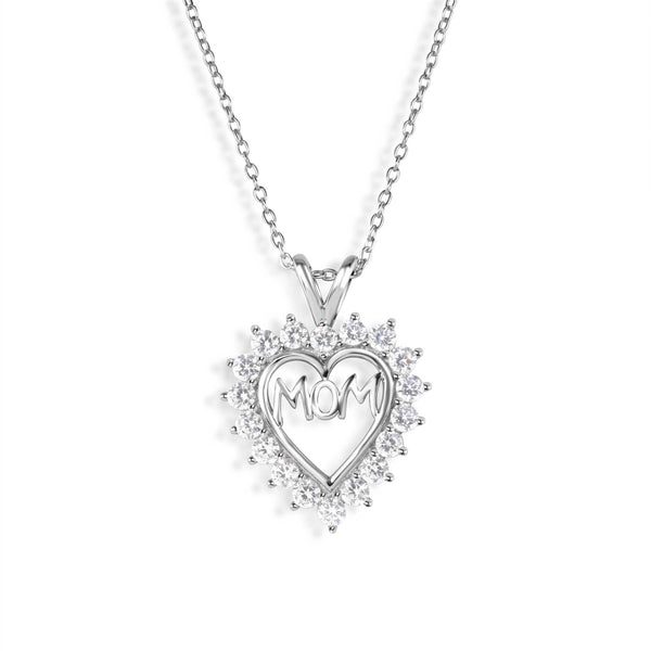 Silver 925 Clear CZ Rhodium Plated Mom Heart Pendant Necklace