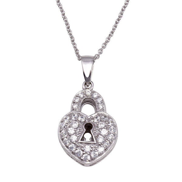Silver 925 Clear CZ Rhodium Plated Key Hole Heart Pendant Necklace