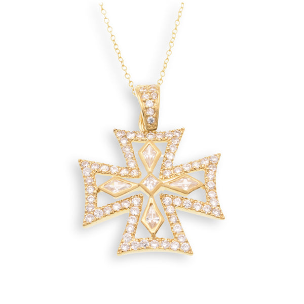Gold Plated 925 Sterling Silver Maltese Cross Clear CZ 29mm Pendant Necklace