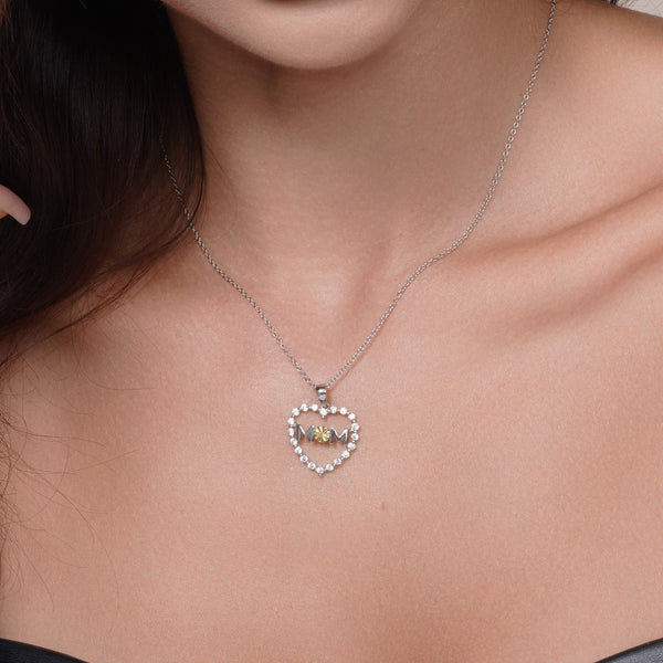 Silver 925 Rhodium & Gold Plated CZ Heart Mom Pendant Necklace
