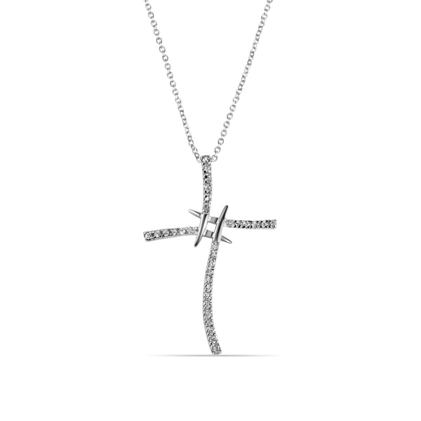 Rhodium Plated 925 Sterling Silver Artistic Cross Clear CZ Adjustable Necklace