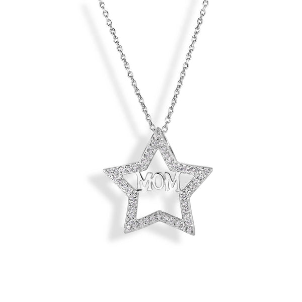 Silver 925 Rhodium Plated Clear CZ Mom Star Pendant Necklace