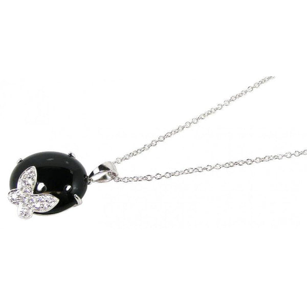 Silver 925 Rhodium Plated Round Onyx Clear CZ Butterfly Pendant Necklace