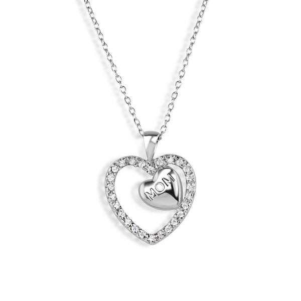 Silver 925 Rhodium Plated Clear CZ Engraved "Mom" Heart Pendant Necklace