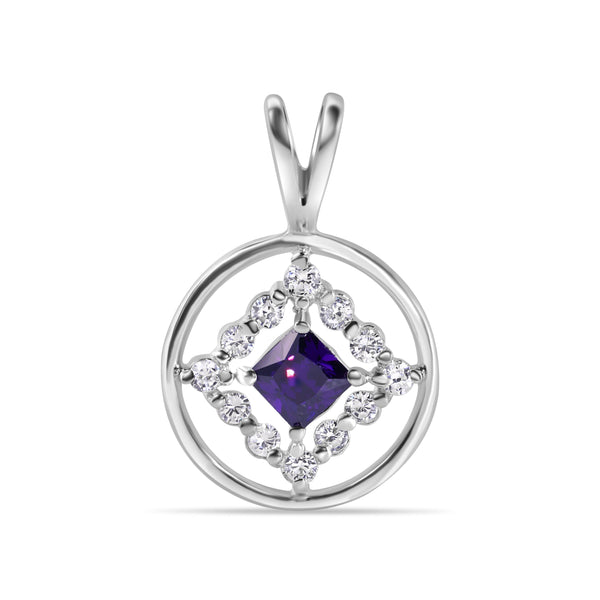 Rhodium Plated 925 Sterling Silver Round Clear CZ and Square Purple Pendant