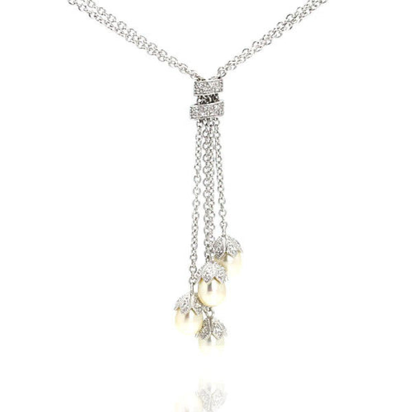 Silver 925 Rhodium Plated Pearl Drops CZ Pendant Necklace