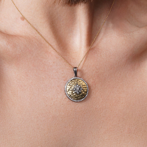 Silver 925 Black Rhodium and Gold Plated Clear CZ Circle Round Pendant Necklace