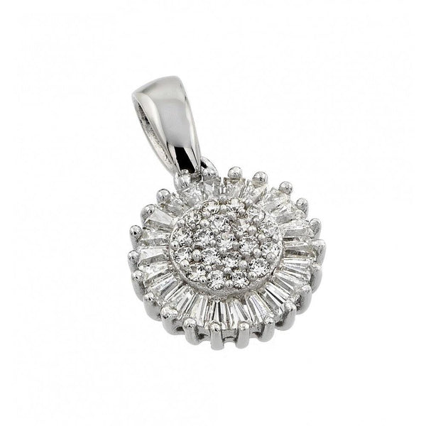 Silver 925 Rhodium Plated Clear Cluster and Baguette CZ Flower Pendant Necklace