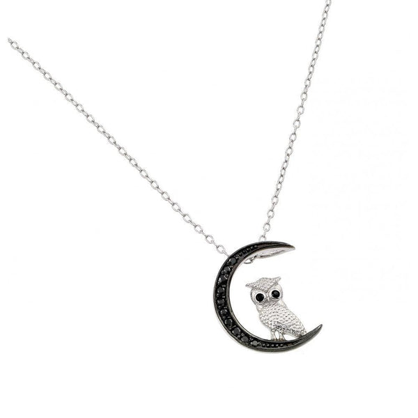 Silver 925 Black Rhodium Plated Moon and Owl Pendant Necklace
