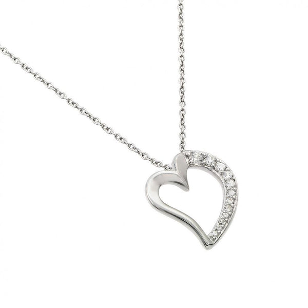 Silver 925 Rhodium Plated Clear CZ Squished Heart Pendant Necklace