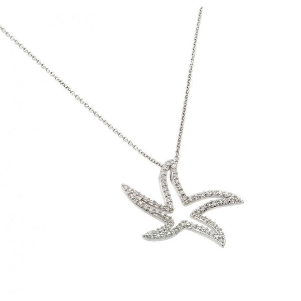 Silver 925 Rhodium Plated Clear CZ Twisted Star Pendant Necklace